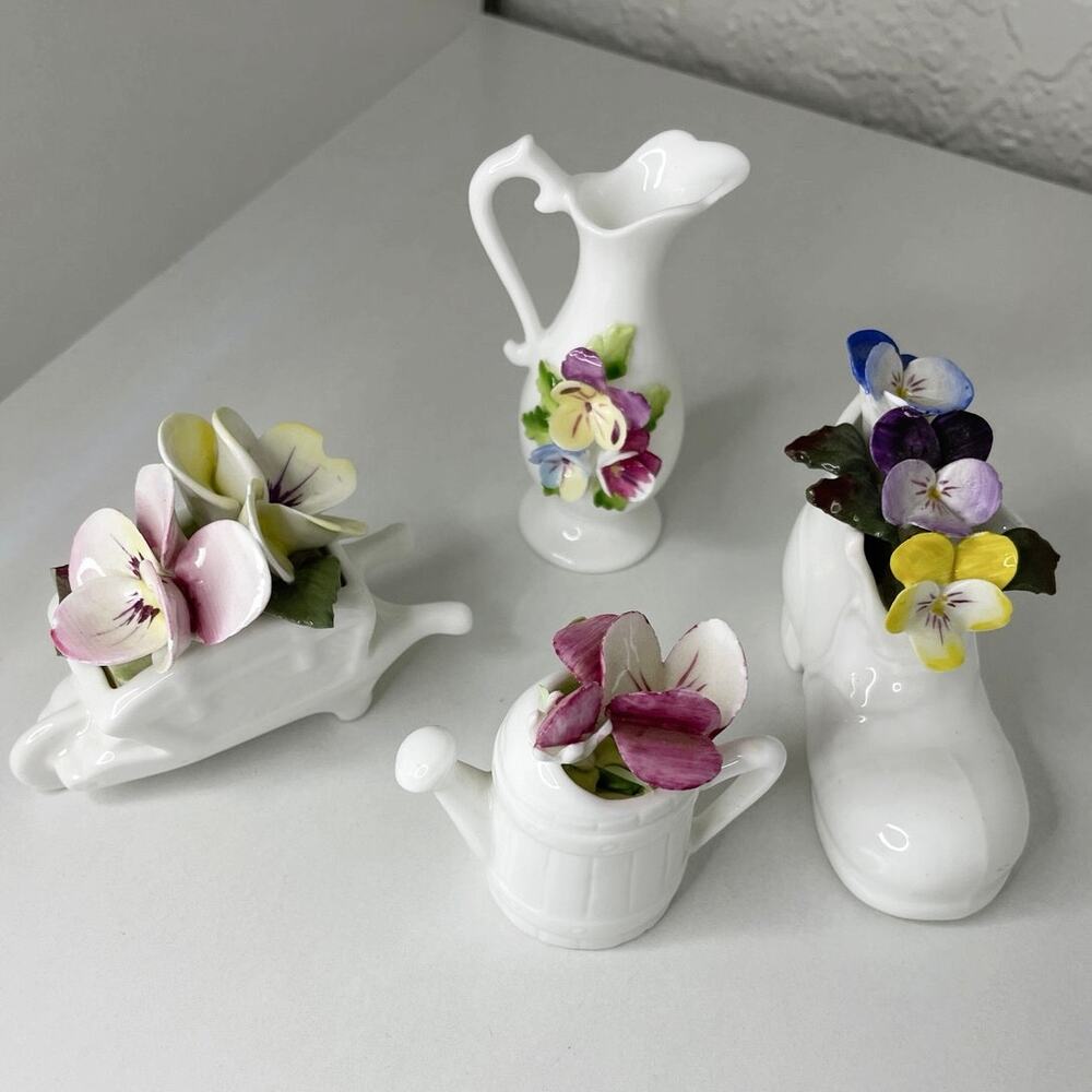 4pc Bone China Pansies Miniatures Vase, Boot, Wheelbarrow, and Watering Can